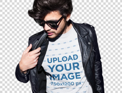 Transparent T-Shirt Mockup of a Man In Front of a Floral Pink Background