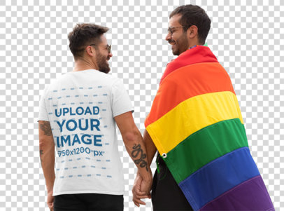 Transparent T-Shirt Mockup of a Man Holding His Boyfriend's Hand at Pride Parade