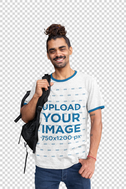 Transparent Ringer T-Shirt Mockup Featuring a Man With a Top Knot 
