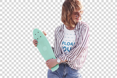 Transparent T-Shirt Mockup of a Happy Woman Holding a Penny Board in Her Hands