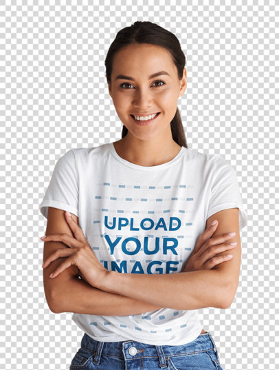 Transparent T-Shirt Mockup of a Smiling Young Woman with Crossed Arms