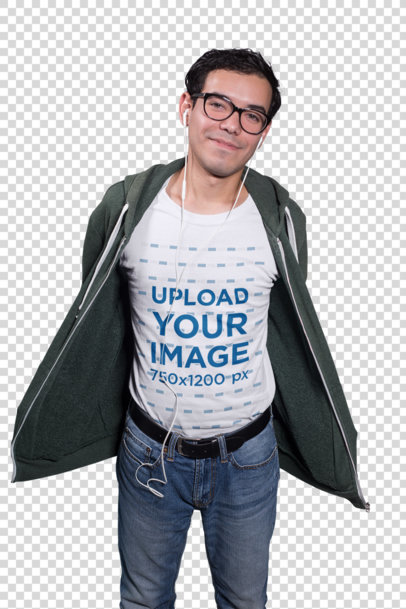 Transparent Mockup of a Nerdy Man Showing off His T-Shirt with Hands in His Pockets