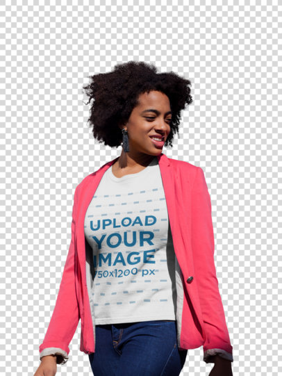 Transparent Mockup of a Woman Wearing a T-Shirt and a Sweet Pink Blazer Outside a House