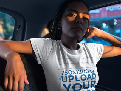 Woman Wearing a Round Neck Tee Mockup in the Back Seat of a Car