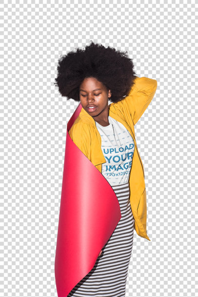 Transparent Mockup of a Woman Wearing a T-Shirt and Striped Skirt 
