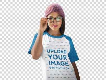 Transparent Raglan T-Shirt Mockup of a Trendy Girl Wearing a Beanie a12501