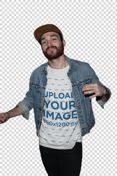 Transparent Redhead Guy with a Hat Wearing a T-Shirt Mockup and a Denim Jacket a18701
