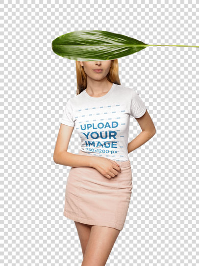 Transparent T-Shirt Mockup of a Female Model with Her Face Covered with a Green Leaf 18366