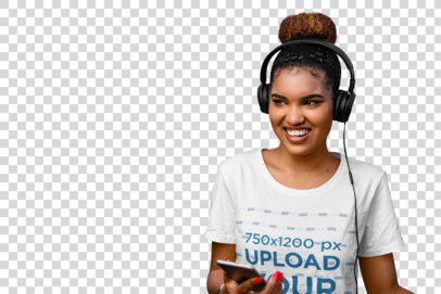 Transparent T-Shirt Mockup of a Happy Woman Listening to Music with a Pair of Headphones 36397-r-el2