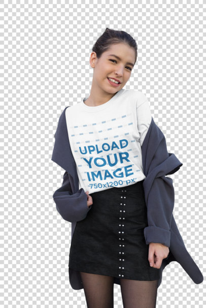 Transparent Mockup of a Coy Girl Wearing a T-Shirt Styled with a Dark Skirt