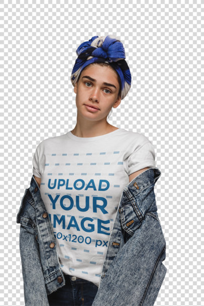 Transparent Young Woman with Freckles Wearing a T-Shirt Mockup and a Blue Headwrap