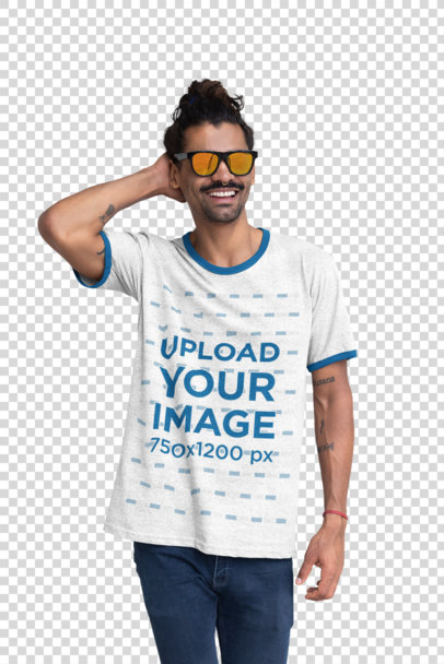Transparent Heather Ringer T-Shirt Mockup of a Cool Man with Sunglasses