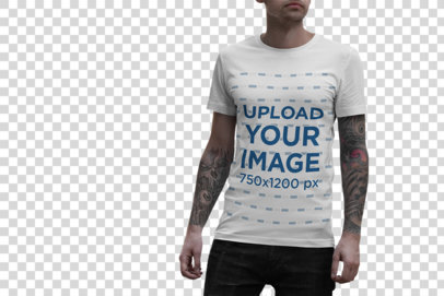Transparent T-Shirt Mockup Featuring a Tattooed Man on a Busy Street
