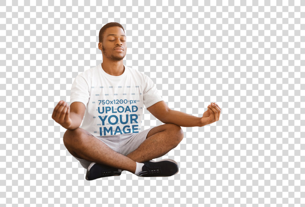 Transparent T-Shirt Mockup of a Man Doing Yoga at Home
