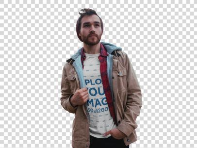 Transparent Mockup Featuring a Serious Bearded Man Wearing a T-Shirt a19030