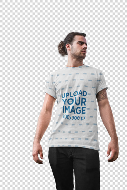 Transparent Man with Manbun Standing Outside | T-Shirt Mockup