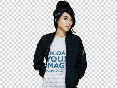 Transparent Beautiful Asian Woman Wearing a Round Neck Tee Mockup While Walking at Night