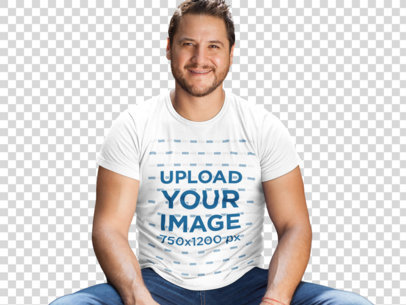 transparent mockup of a middle-aged man wearing a t-shirt while sitting down a16001