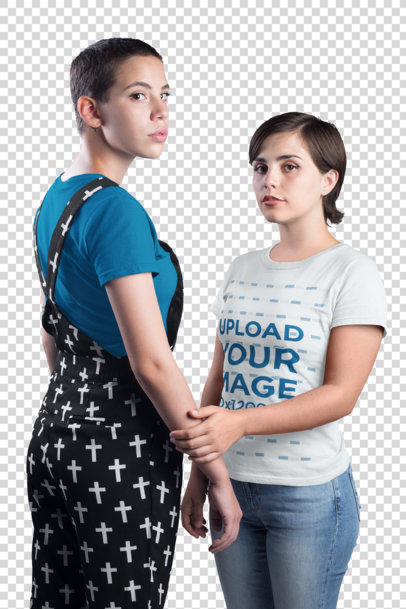 Transparent T-Shirt Mockup of a Woman Holding Hands with Her Girlfriend
