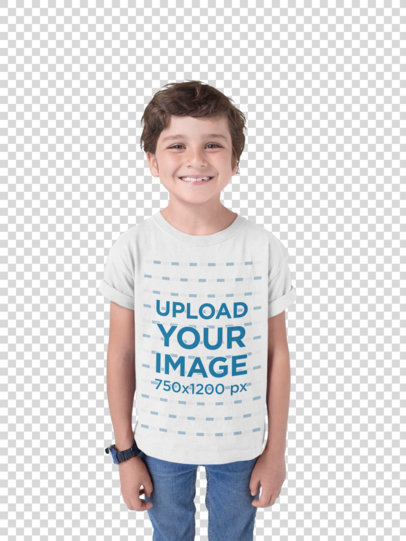Transparent Happy White Kid Wearing a T-Shirt Mockup Against a Color Rectangle