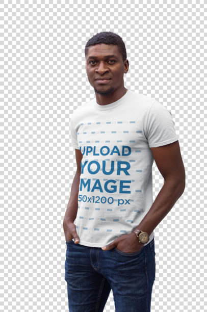 Transparent T-Shirt Mockup of a Cool Man Standing Casually with His Hands in His Pockets
