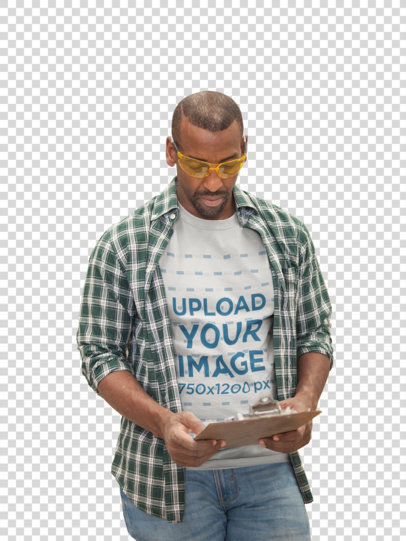 Transparent Warehouse Worker Wearing a T-Shirt Mockup While Checking the Inventory a20445