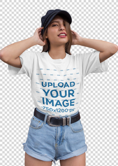 Transparent Round Neck T-Shirt Mockup Featuring a Woman with Denim Shorts and a Cowboy Belt