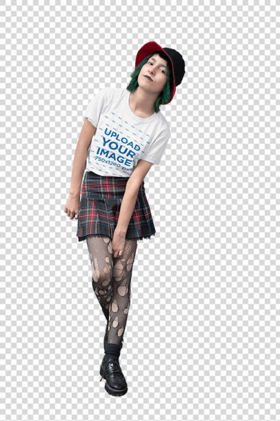Transparent Mockup of a Goth Woman Wearing a T-Shirt and Ripped Stockings 23450