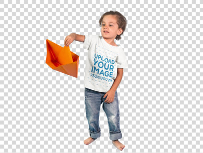 Transparent Little Kid Playing with a Paper Boat While Wearing a Round Neck Tshirt Template a16142