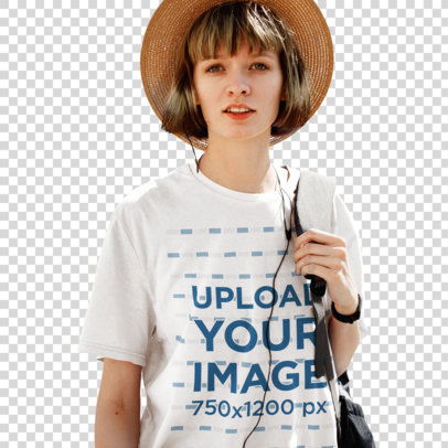 Transparent T-Shirt Mockup Featuring a Woman Doing a City Tour