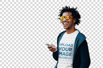 Transparent Mockup Featuring a Happy Man with a T-Shirt Holding a Phone