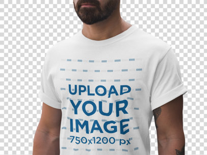 Transparent Closeup T-Shirt Mockup Being Worn by a Man with Tattoos and a Beard