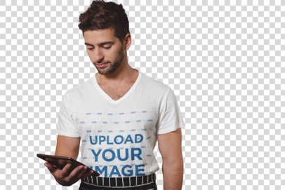 Transparent V-neck Tee Mockup Featuring a Man Checking a Tablet 41495-r-el2