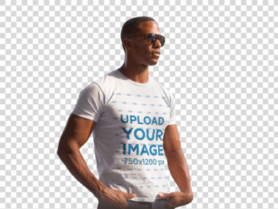 Transparent Young Man Wearing a Short Sleeved Round Neck T-Shirt and Sunglasses While Staring at the City Mockup