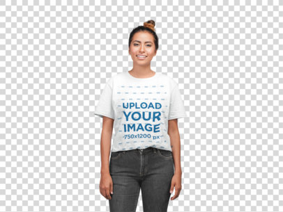 Transparent Mockup of a Smiling Woman Wearing a Tshirt in a Photo Studio