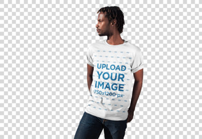 Transparent Mockup of a Man Wearing a Camping T-Shirt on a Highway