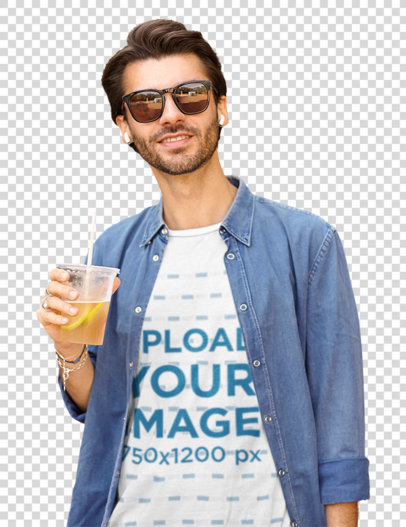 Transparent T-Shirt Mockup of a Stylish Man Drinking a Fresh Beverage m1313-r-el2