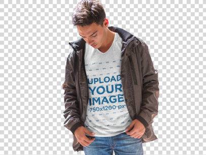 Transparent T-Shirt Mockup of a Young Man Walking Around