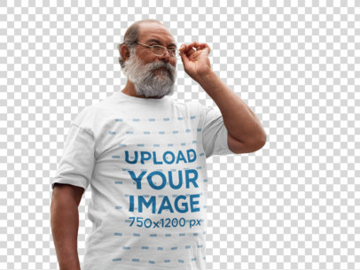 Transparent T-Shirt Mockup of a Hispanic Senior Wearing Glasses