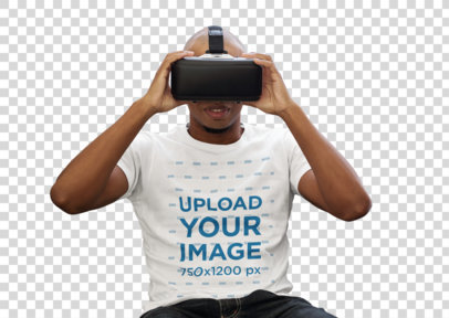 Transparent T-Shirt Mockup Featuring a Man with a VR Headset at Home 