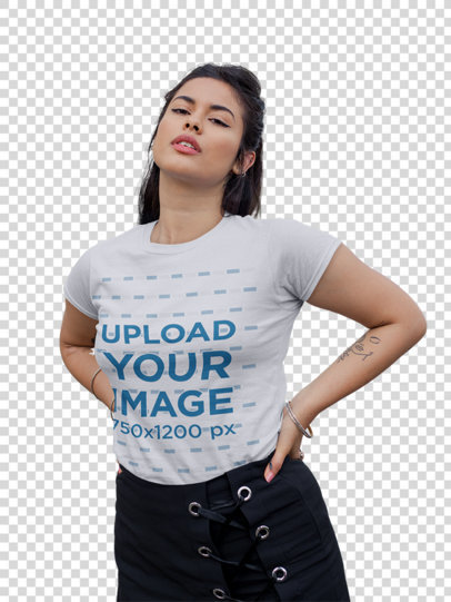 Transparent Mockup of a Woman with Tattoos Wearing a Round Neck Tee by the Street