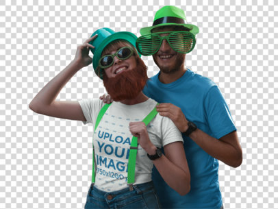 Transparent Tee Mockup of Two Friends Celebrating St Patric's in Costumes 19567