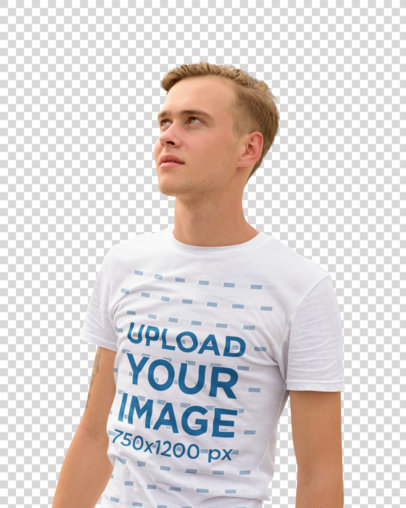 Transparent T-Shirt Mockup Featuring a Blonde Man in a City