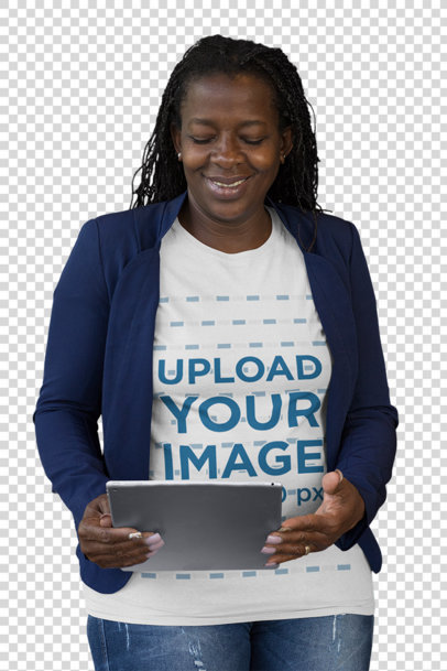 Transparent T-Shirt Mockup Featuring a Middle-Aged Woman Looking at Her Tablet