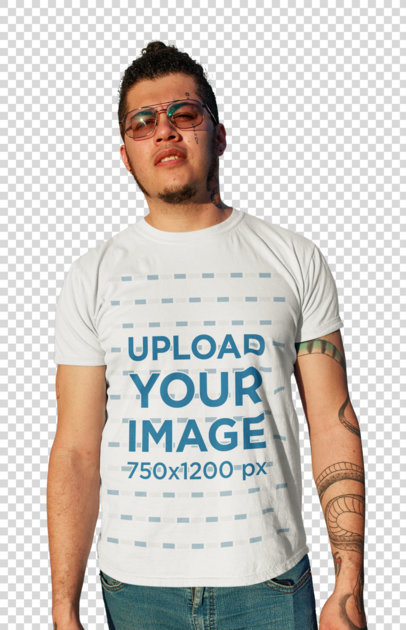Transparent T-Shirt Mockup Featuring a Tattooed Man at Sunset