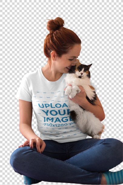 Transparent Red-Head Woman Wearing a T-Shirt Mockup while Holding her Cat