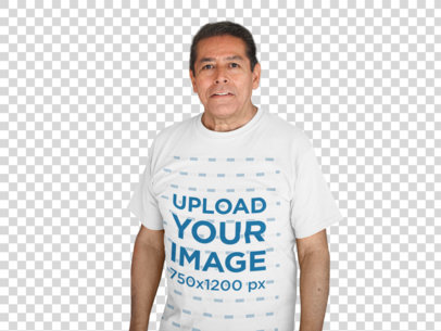 Transparent Senior Man Wearing a Tshirt Mockup in the Living Room