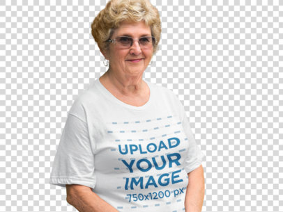Transparent T-Shirt Mockup of an Elder Woman in her Front Yard