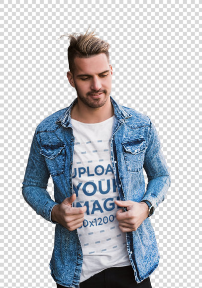 Transparent T-Shirt Mockup of a Stylish Man Walking Down the Street