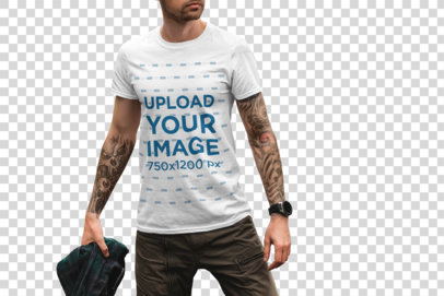 Transparent T-Shirt Mockup of a Man Posing by a Lake